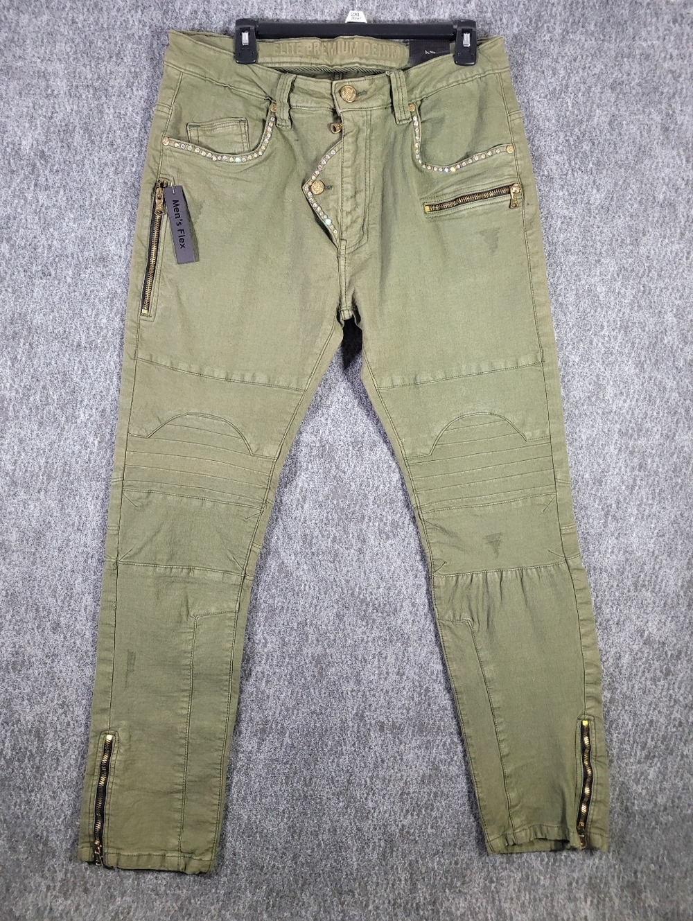 Elite Premium Denim Mens Flex Moto Biker Jeans Olive Green 32x32 Rhinestones